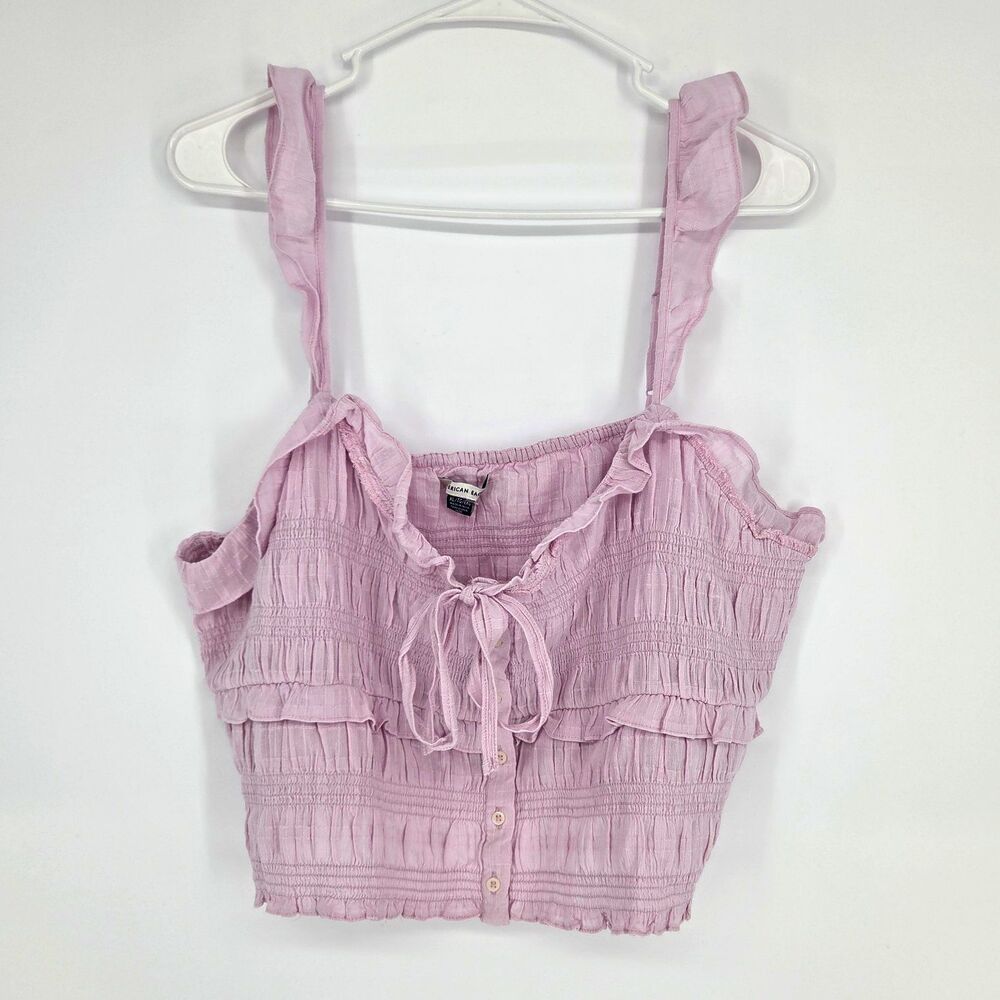 American Eagle Womens Dusty Mauve Ruffle Button-Front Cropped Knit Tank XL Fairy